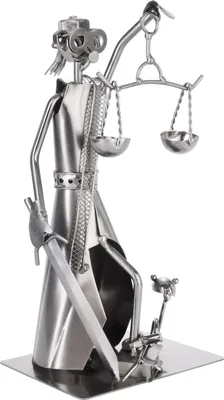 A metal figurine of Justitia, the Roman goddess of justice, holding scales and a sword.