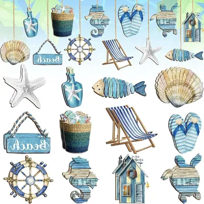 Productafbeelding van Houten ornamenten, Oceaan-strandthema - Set van 24 stuks voor maritieme wanddecoratie - Natuurlijk hout - Ophangdecoratie voor vissersnet