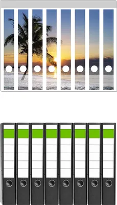Produktbild von Wallario 8 Stück schmale Ordner inkl. Klebeetiketten mit Motive Palme am Strand - Sonnenuntergang über dem Meer -  Set mit Rückenschildern / Ordnerrücken Stickern
