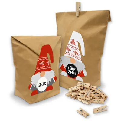 Produktbild von Adventskalender Set Wichtelbande Geschenktüten Klammern + Sticker Z23