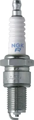 A close-up studio shot of a single spark plug against a white background.