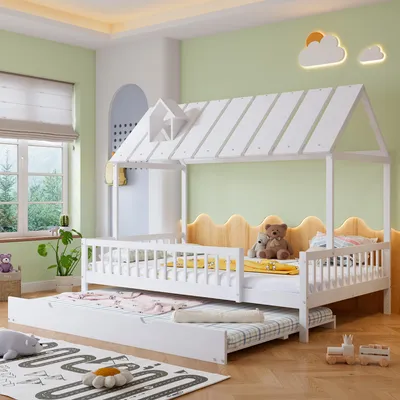Productafbeelding van Huisbed 120 x 200/120 x 190 cm met uitschuifbed, dak en schoorsteenrand, valbeveiligingshekje aan 3 zijden, kinderbed voor kinderen en tieners, grenen/MDF, wit