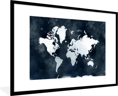 Produktbild von MuchoWow® MuchoWow® Gerahmtes Poster Weltkarte - Blau - Aquarell 90x60 cm - Poster mit zchwarzem Bilderrahmen - Wanddekoration - Fotos