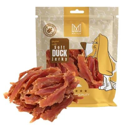A bag of dog treats with some treats spilled in front of it.