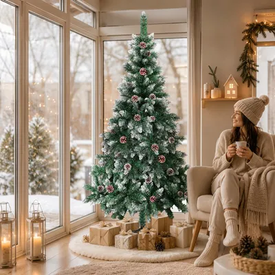 Produktbild von Ikodm Künstlicher Weihnachtsbaum 180 cm Grün mit 28 Tannenzapfen und Schnee-Effekt, 500 Zweigspitzen, PVC, Metallständer