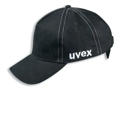 A black baseball cap with white stitching and the 'uvex' logo on the side, presented on a white background.