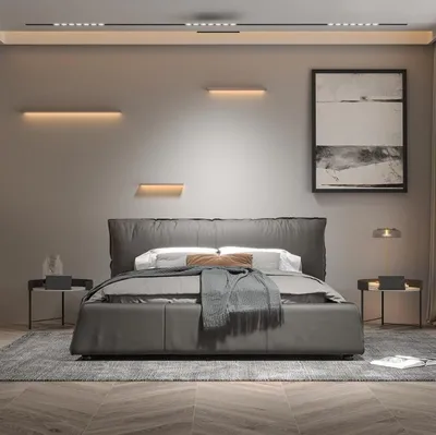Obrázek produktu pro Graues Schlafzimmer Bett Designer Doppelbett Holzgestell Neues Lederbett