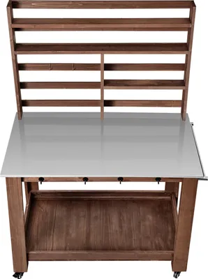 Image de Table de jardinage SucceBuy avec plan de travail en acier inoxydable, étagères, 4 roulettes et crochets, table de jardin pour terrasse et jardin, marron, design étagère 1150 x 660 x 1695 mm