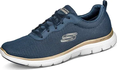A single blue Skechers shoe is shown from a side angle on a white background.