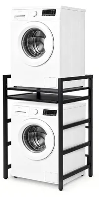 Produktbild von Ikodm Waschmaschinenregal, Regal über Waschmaschine mit Auszug, verstellbare Anti-Rutsch-Füße, obere Ablage bis 300 kg, höhenverstellbar 95-105 cm Schwarz