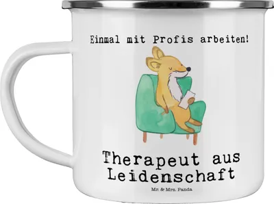 Produktbild von Mr. & Mrs. Panda Emaille Tasse Therapeut Leidenschaft - Weiß - Geschenk, Emailletasse, Haferl, Teetasse, Becher, Motivtasse