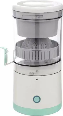 A white and mint green electric juicer is shown against a white background.