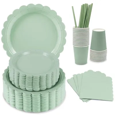 Image de Omgoods - Assiettes et couverts jetables vert sauge pour 15 personnes - Ensemble compostable pour les fêtes