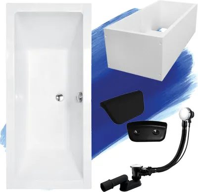 Produktbild von Badewanne Rechteck Set 5in1 180x80 mit Premium Ablaufgarnitur und Füßen GRATIS + Wannenträger + Kopfstütze in Schwarz | BADLAND QUADRO