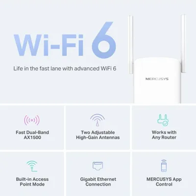 Produktbild von Mercusys AX1500 Wi-Fi 6 Range Extender, Netzwerk-Repeater, 1000 Mbit/s, 10,100,1000 Mbit/s, 10/100/1000Base-T(X), IEEE 802.11a, IEEE 802.11ac, IEEE 802.11ax, IEEE 802.11b, IEEE 802.11g, IEEE 802.11n, 802.11a, 802.11b, 802.11g, Wi-Fi 4 (802.11n), Wi-Fi 5 (802.11ac), Wi-Fi 6 (802.11ax)