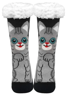 Produktbild von Damen Stoppersocken dicke Haussocken mit Anti Rutsch Sohle warm flauschig Innenfrottee EU 36-41 Lächelnde Katze