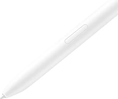A close-up shot of a white stylus pen against a white background.