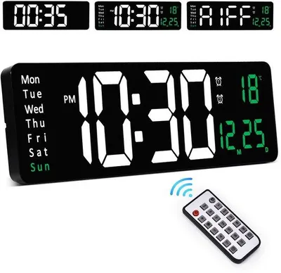 Image de Horloge murale numérique, 16 pouces, horloge murale numérique moderne et silencieuse avec télécommande, 10 niveaux de luminosité, double réveil, date, heure, température, minuterie