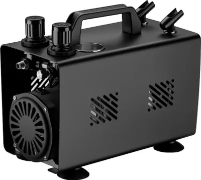 Produktbild von Wiltec Airbrush Kompressor AS18TA 1/6 PS, Druckluftkompressor mit 20-23 l/min Luftzufuhr, Kompressor für Airbrush-Pistole mit 2 Aushängen, Luftkompressor mit Druckmesser für Airbrush-Design