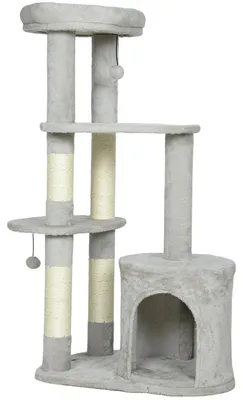 Produktbild von Katzenbaum - Kratzbaum für Katzen - 114 cm hoch, 3 Ebenen, Höhle, Sisalstämme, Holz, hellgrau