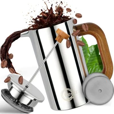Produktbild von French Press – Edelstahl Kaffeebereiter mit Holzelementen – Thermo Kaffeepresse [Silber-Design] inkl. Ersatzfilter (600ml) – Hochwertig