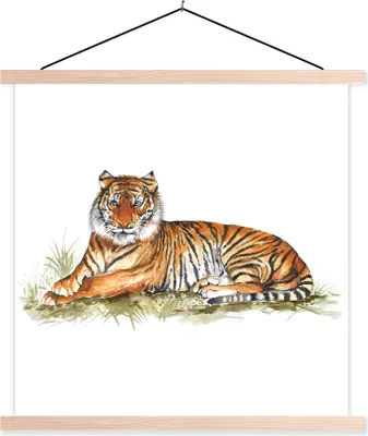 Produktbild von MuchoWow® Textilposter Tiger - Orange - Gras 120x120 cm mit holzfarbenen Rahmen - Textil-Poster