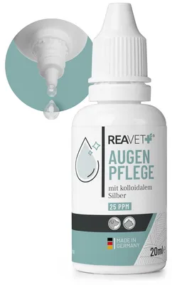 Zdjęcie produktu dla REAVET specjalne krople do oczu dla psów i kotów 20ml, na podrażnione oczy, plamy łzowe, pielęgnacja oczu ze srebrem koloidalnym