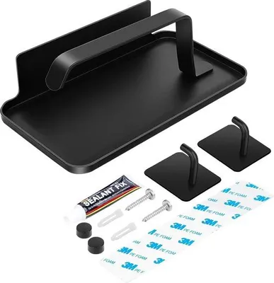 Productafbeelding van Unyqoos® Toiletrolhouder, zwart – Aluminiumlegering met een opbergruimte van 19,5 cm en 2 handdoekhaken, zelfklevend of voor wandmontage