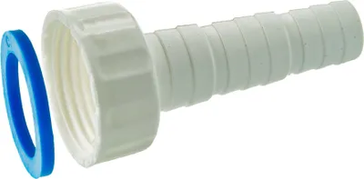 A white plastic hose adapter with a blue gasket, isolated on a white background.