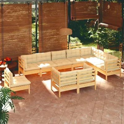 Produktbild von 2024 Moderne Gartenmöbelgarnituren 10-tlg. Garten-Lounge-Set mit Creme Kissen Massivholz Kiefer 876677