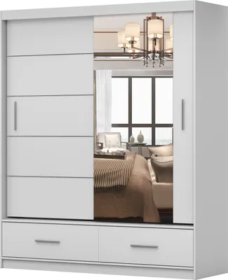 A white sliding door wardrobe with mirrored doors and two drawers at the bottom, set against a white background. The mirror reflects a bedroom scene with a bed and a chandelier.