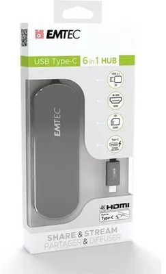 Obrázok produktu pre Emtec T650C Type-C HUB, USB 3.2 Gen 1 (3.1 Gen 1) Type-A, HDMI, USB 3.2 Gen 1 (3.1 Gen 1) Type-A, USB 3.2 Gen 1 (3.1 Gen 1) Type-C, Čierna, Čierna