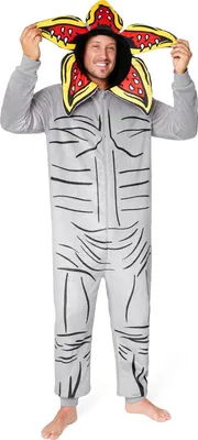 A man wearing a Demogorgon costume onesie.