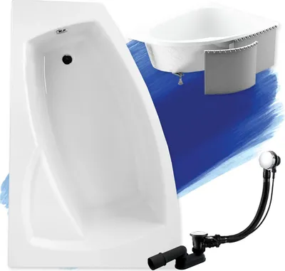 Image de Baignoire d'angle 160x105 gauche avec revêtement en polystyrène, écoulement & pieds S | Set complet 4in1 baignoire originale acrylique siphon | BADLAND FRIDA