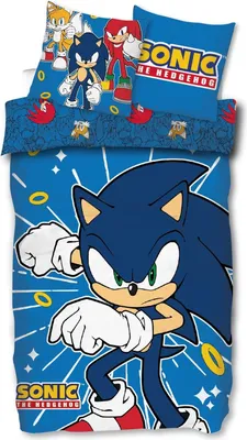 A Sonic the Hedgehog themed duvet cover and pillowcase set displayed flat.