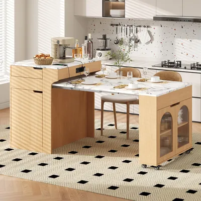 Immagine prodotto di Isola cucina moderna con presa di corrente e piano estendibile, bancone con rotelle e ampio spazio di stoccaggio, tavolo da pranzo estendibile in legno naturale