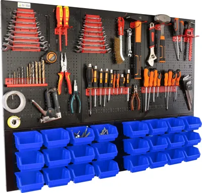 Produktbild von botle® Werkzeugwand Lochwand aus Metall, Stapelboxen + Wandregal + Werkzeughalter 51-tlg Set, Kleinteilelager, Wandwerkstatt mit 24 stapelbaren Blau Behältern, Hängeregal Sortierregal