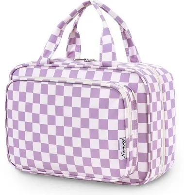 Image de Grande trousse de maquillage pour femme, violette, motif damier
