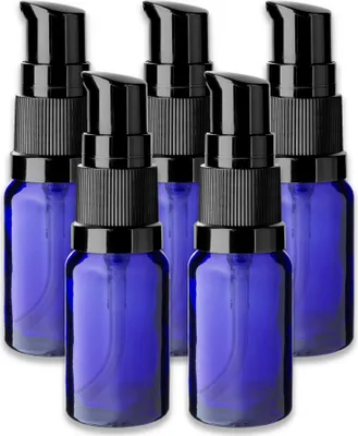 Produktbild von 5x Blaue Glasflasche 10 ml mit schwarzer Pumpe Spender Glasfläschchen