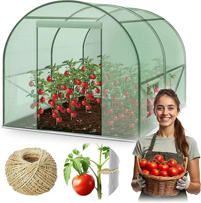 Productafbeelding van Kas: Foliekas - 4 meter - Kas voor tomaten met 4 ramen en een verzinkt stalen frame - 100 meter sisalgaren - Tuin - Groen