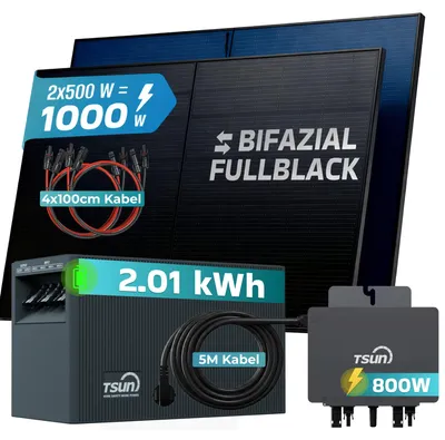 Produktbild von SUNNIVA® 1000W Balkonkraftwerk mit 2,01 kWh Speicher TSUN SOLARCAN TSOL-DCU2000Lite, 2x 500W BIFAZIAL FULLBLACK komplett Steckdose, Solarspeicher