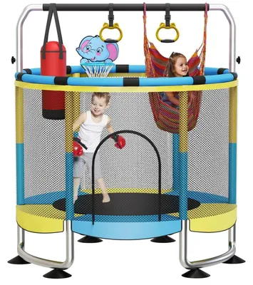 Productafbeelding van Trampoline voor kinderen, 150 cm, geschikt voor binnen en buiten, met basketbalring, belastbaar tot 200 kg, roze/blauw