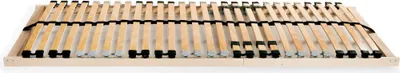 A wooden bed slatted base is shown from a low angle against a white background.