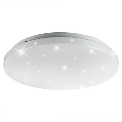 A white, round LED ceiling light with a star effect.