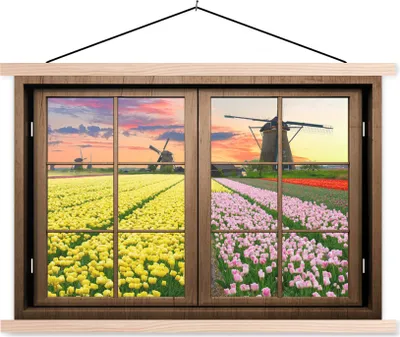 Produktbild von MuchoWow® Textilposter Ansicht - Mühle - Tulpen 120x80 cm mit holzfarbenen Rahmen - Aufhängeset