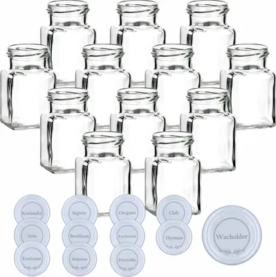 Produktbild von gouveo 12er Set Einmachgläser 150 ml eckig mit Schraub-Deckel -Gewürze 2- weiß - Kleine Vorratsgläser mit Schraubverschluss - Leere Gewürzgläser