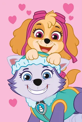 Two cartoon dogs, one on top of the other, against a pink background with hearts.