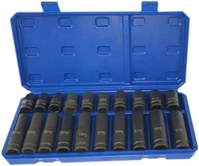 A blue plastic case containing a set of black metal sockets.