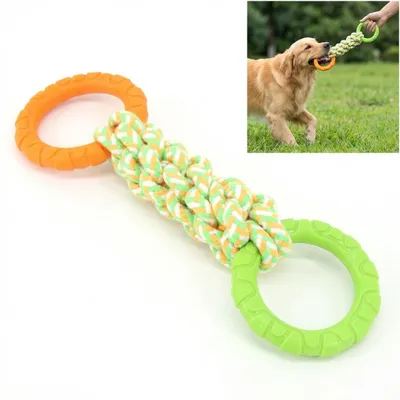 Produktbild von Robustes Hundespielzeug Baumwolltau mit TPR-Ringen, Zerrspielzeug 30cm, Bunt