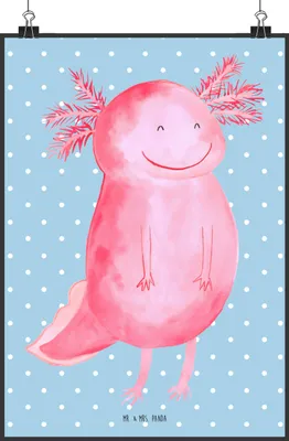 Produktbild von Mr. & Mrs. Panda Bild Axolotl Glücklich DIN A2 - Blau Pastell - Geschenk, Plakat, Wandbild, kunstdruck poster, Lurch, wanddeko, Schwanzlurch, drucke, gut Gelaunt